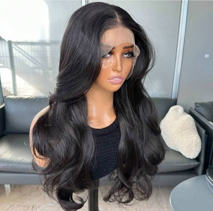 Natural Black Curtain Bangs Human Blend Lace Front Wig