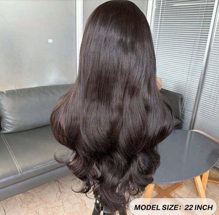 Natural Black Curtain Bangs Human Blend Lace Front Wig