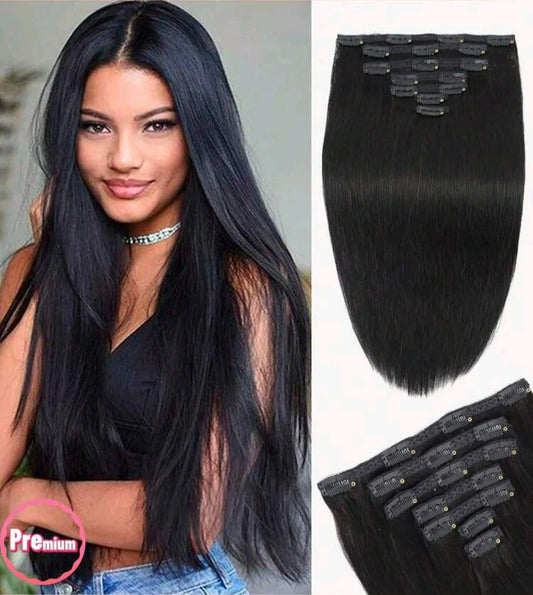 Black straight clip-in extensions